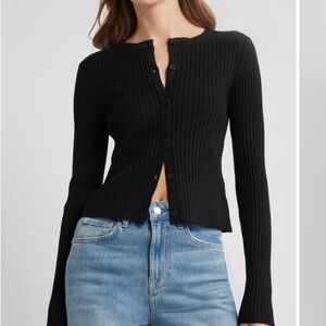Black Ribbed Button-Up Cardigan